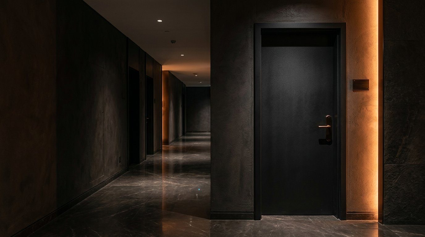 Premium charcoal steel fire-rated door in a luxury hotel corridor